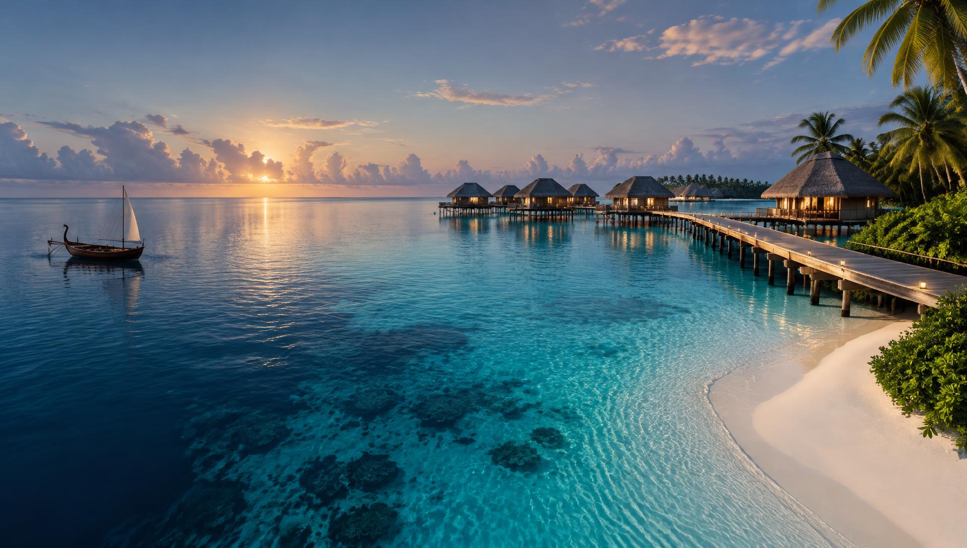 Private lagoon and overwater villas at sunrise